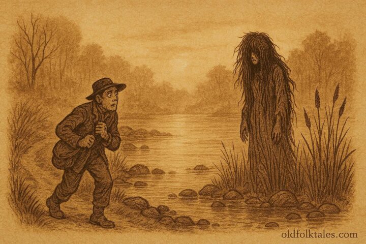Parchment style illustration of the silent spirit La Sucia on a misty riverbank, from a Honduran folktale.