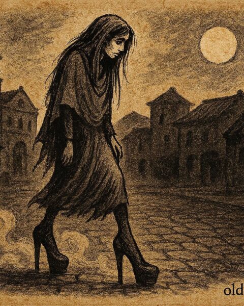 Parchment-style illustration of La Taconuda walking plazas at night, Nicaraguan folklore scene.