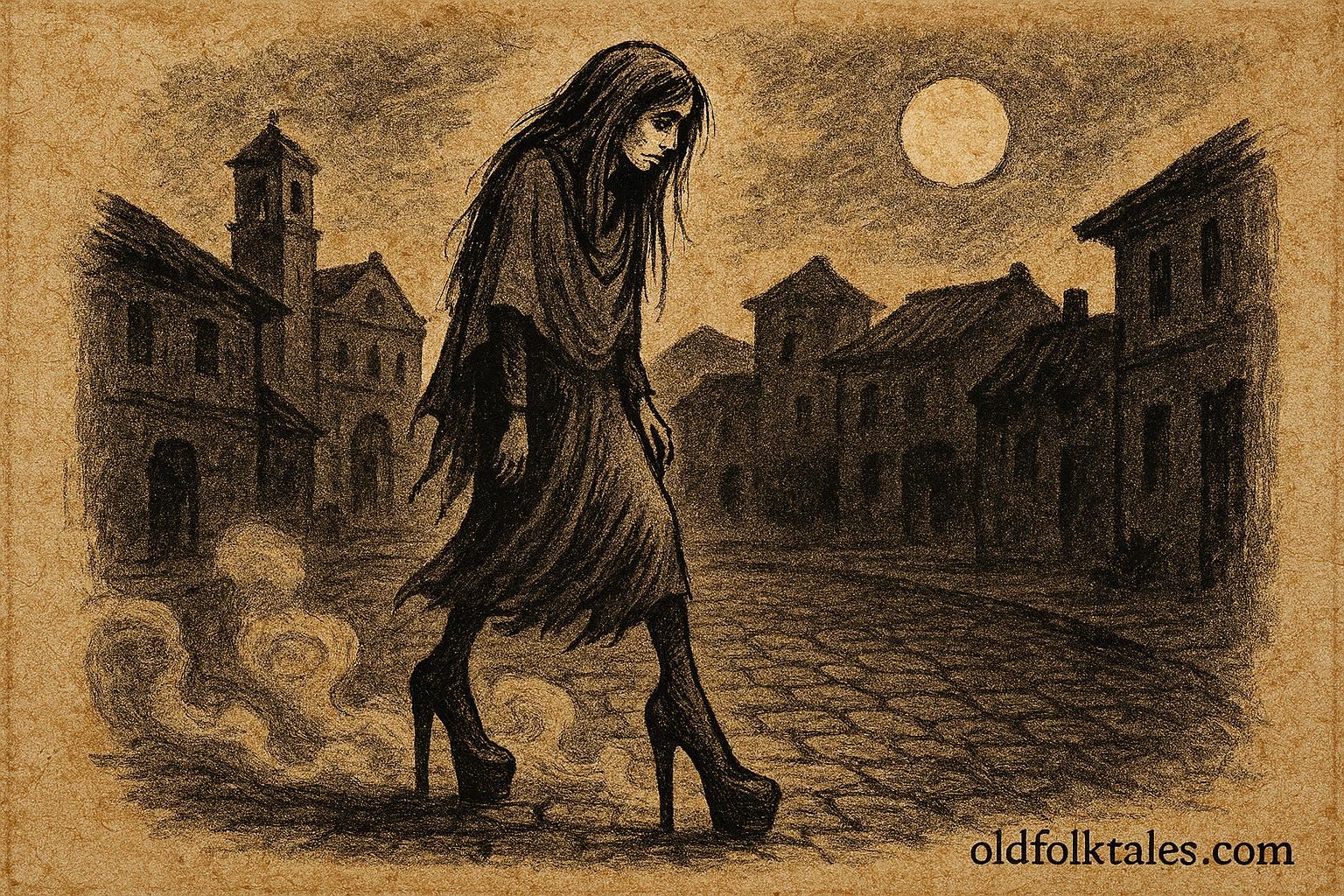 Parchment-style illustration of La Taconuda walking plazas at night, Nicaraguan folklore scene.