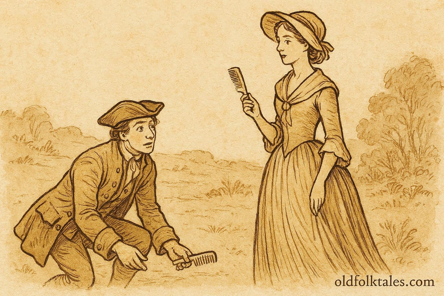 Parchment style artwork of the ghost La Tatuana on a stone bridge at a crossroads, from a Guatemalan Ladino folktale.