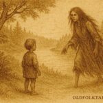 Parchment-style illustration of La Tunda luring a child, Colombian-Ecuadorian folktale scene.