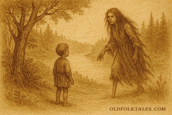 Parchment-style illustration of La Tunda luring a child, Colombian-Ecuadorian folktale scene.