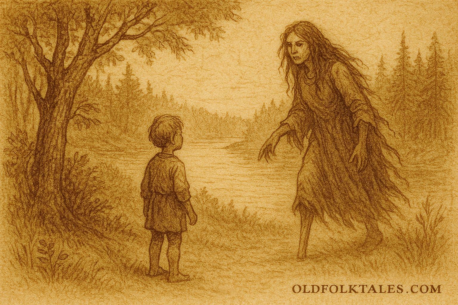 Parchment-style illustration of La Tunda luring a child, Colombian-Ecuadorian folktale scene.