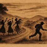Parchment style illustration of Las Ceguas spirits on a forest path, Nicaraguan folktale scene.