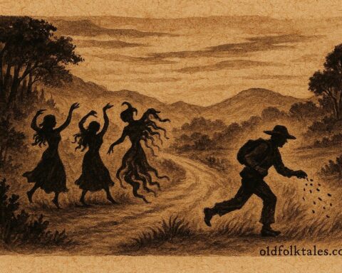 Parchment style illustration of Las Ceguas spirits on a forest path, Nicaraguan folktale scene.