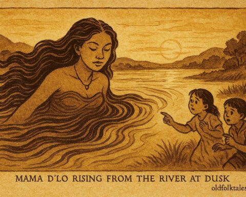 Parchment-style artwork of Mama D’Lo rising from the river to warn children, Afro-Caribbean folktale scene.