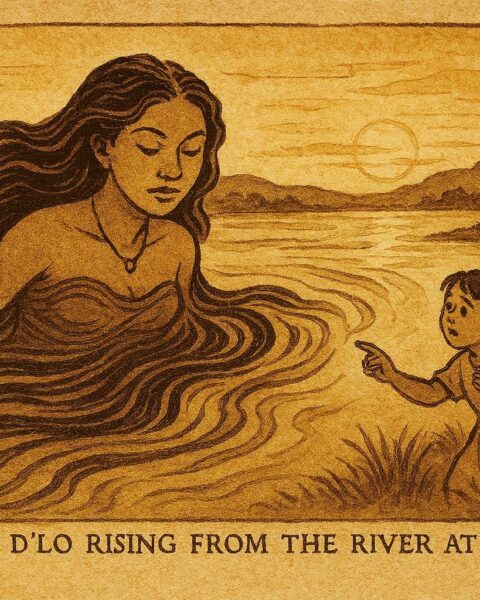 Parchment-style artwork of Mama D’Lo rising from the river to warn children, Afro-Caribbean folktale scene.