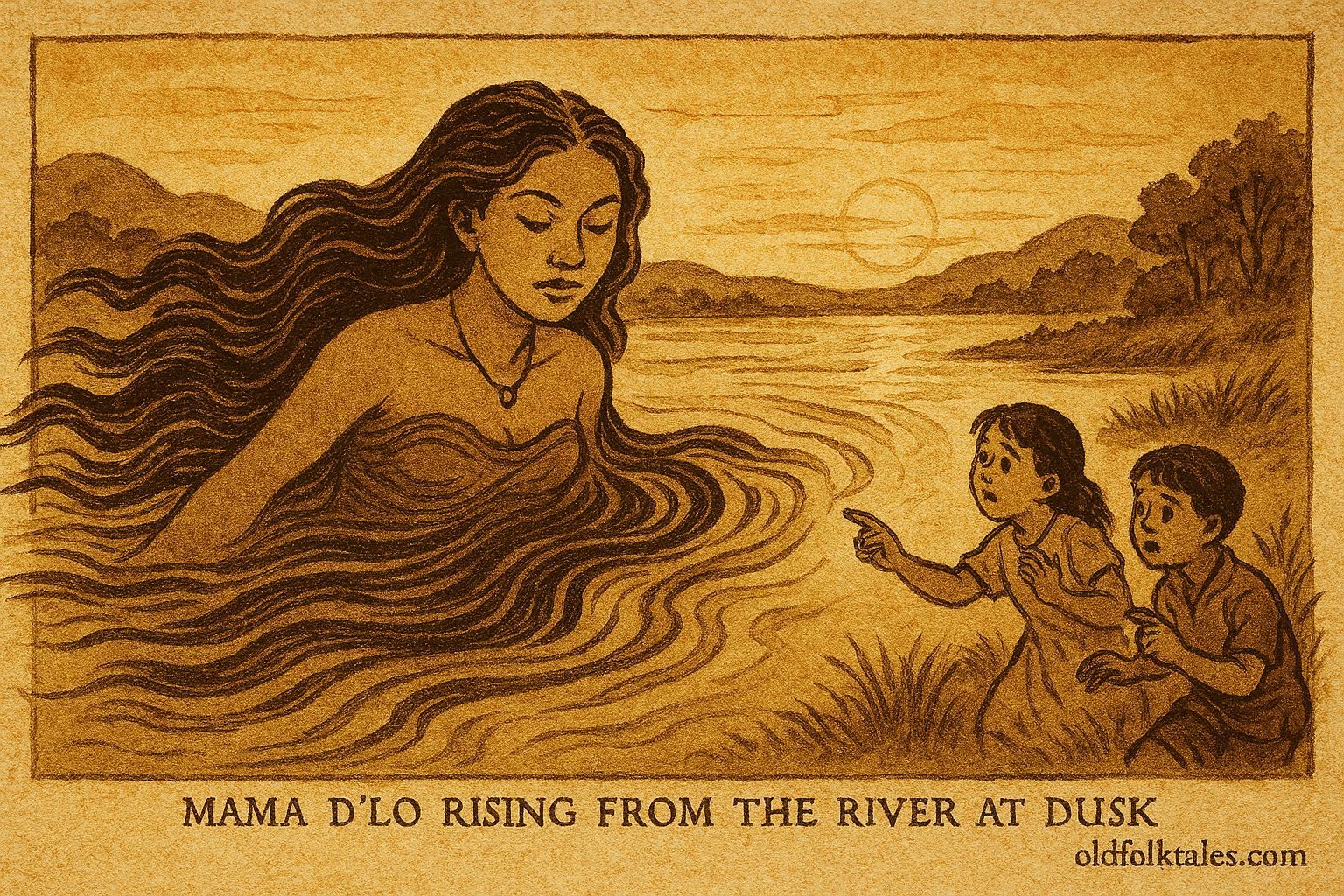 Parchment-style artwork of Mama D’Lo rising from the river to warn children, Afro-Caribbean folktale scene.