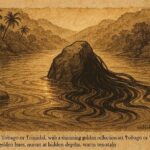 Parchment-style illustration of a river with Mama D’lo’s hair flowing over a rock, Afro-Caribbean water spirit scene.