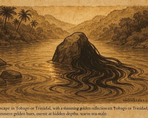 Parchment-style illustration of a river with Mama D’lo’s hair flowing over a rock, Afro-Caribbean water spirit scene.