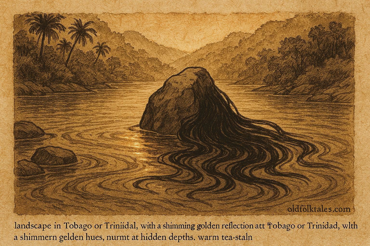 Parchment-style illustration of a river with Mama D’lo’s hair flowing over a rock, Afro-Caribbean water spirit scene.