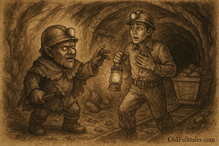Sepia-toned illustration on aged rice parchment showing Muki, a dwarfish goblin with glowing eyes and a crooked miner’s helmet, confronting a frightened miner deep inside a rocky tunnel. Muki reaches out with a gnarled hand while the miner clutches a lantern, his face frozen in fear. A mining cart filled with rocks sits on tracks behind them. “OldFolktales.com” is inscribed at the bottom right.
