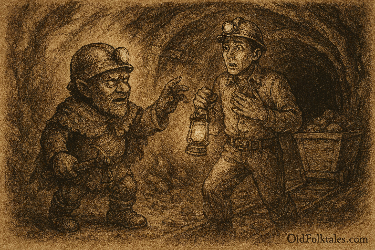 Sepia-toned illustration on aged rice parchment showing Muki, a dwarfish goblin with glowing eyes and a crooked miner’s helmet, confronting a frightened miner deep inside a rocky tunnel. Muki reaches out with a gnarled hand while the miner clutches a lantern, his face frozen in fear. A mining cart filled with rocks sits on tracks behind them. “OldFolktales.com” is inscribed at the bottom right.