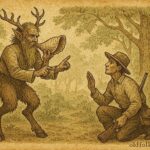 Parchment-style art of Papa Bois, the horned forest guardian with cloven hooves, in a Trinidadian folklore scene.