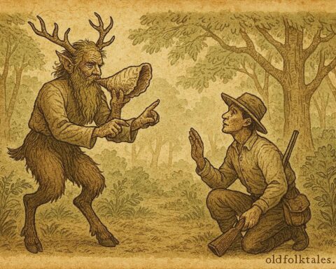 Parchment-style art of Papa Bois, the horned forest guardian with cloven hooves, in a Trinidadian folklore scene.