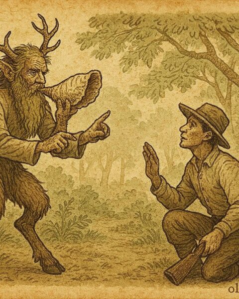 Parchment-style art of Papa Bois, the horned forest guardian with cloven hooves, in a Trinidadian folklore scene.