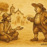 Parchment-style illustration of Pedro Urdemales outwitting a colonial official, Latin American folktale scene.