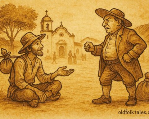 Parchment-style illustration of Pedro Urdemales outwitting a colonial official, Latin American folktale scene.