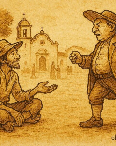 Parchment-style illustration of Pedro Urdemales outwitting a colonial official, Latin American folktale scene.