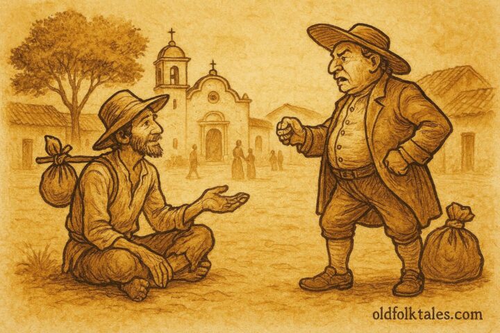 Parchment-style illustration of Pedro Urdemales outwitting a colonial official, Latin American folktale scene.