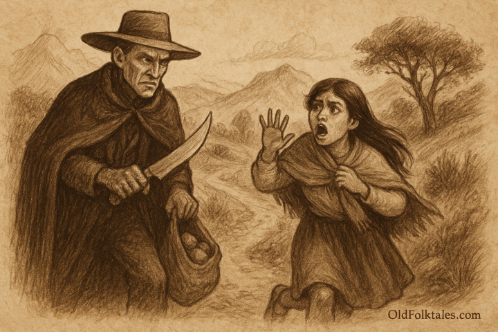 Sepia-toned illustration on aged rice parchment showing a terrified Quechua girl recoiling from a tall, pale-skinned man with sunken eyes and a wide-brimmed hat. He holds a curved knife and a cloth sack, dressed in a long dark cloak. They stand on a winding dirt path in the Peruvian highlands, with misty mountains and a lone tree in the background. “OldFolktales.com” is inscribed at the bottom right.