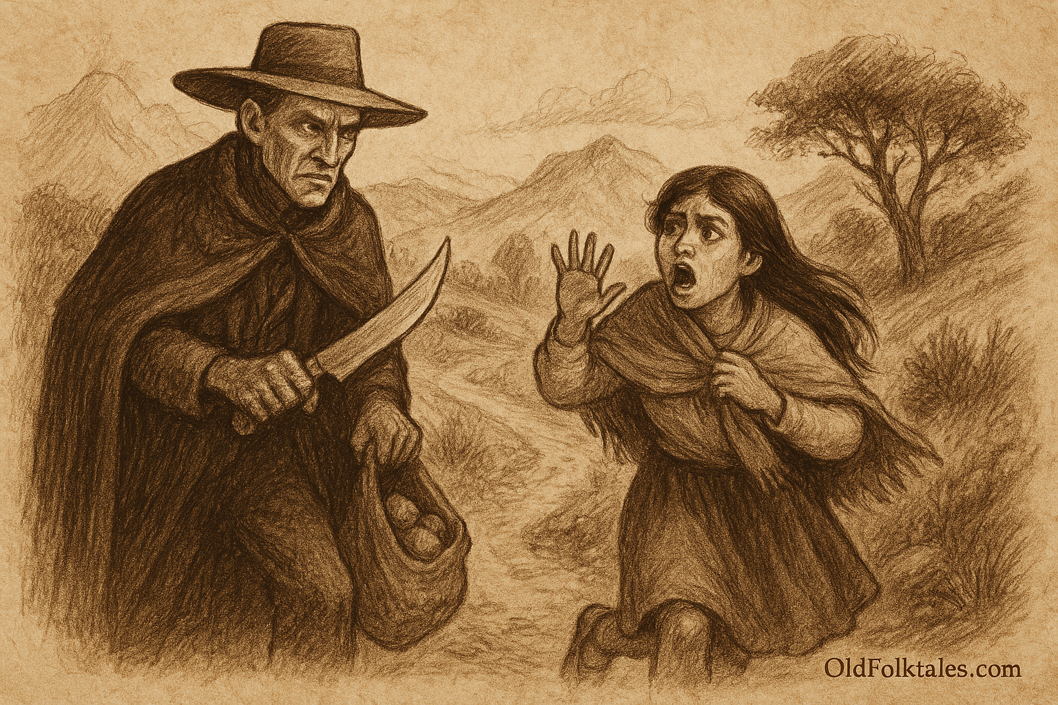 Sepia-toned illustration on aged rice parchment showing a terrified Quechua girl recoiling from a tall, pale-skinned man with sunken eyes and a wide-brimmed hat. He holds a curved knife and a cloth sack, dressed in a long dark cloak. They stand on a winding dirt path in the Peruvian highlands, with misty mountains and a lone tree in the background. “OldFolktales.com” is inscribed at the bottom right.