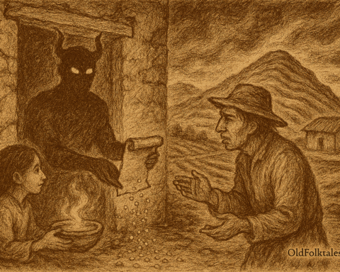 Sepia-toned illustration on aged rice parchment depicting a haunting Andean folktale. In the highlands near Ayacucho, Supay a shadowy figure with glowing eyes and subtle horns stands at the doorway of a crumbling adobe house, offering a parchment contract to a greedy farmer. The farmer reaches toward the contract with hesitation. Behind them, abandoned terraced fields stretch barren under a swirling, darkening sky, symbolizing the consequences of broken ayni and disrespect for Pachamama. “OldFolktales.com” is inscribed at the bottom right corner.