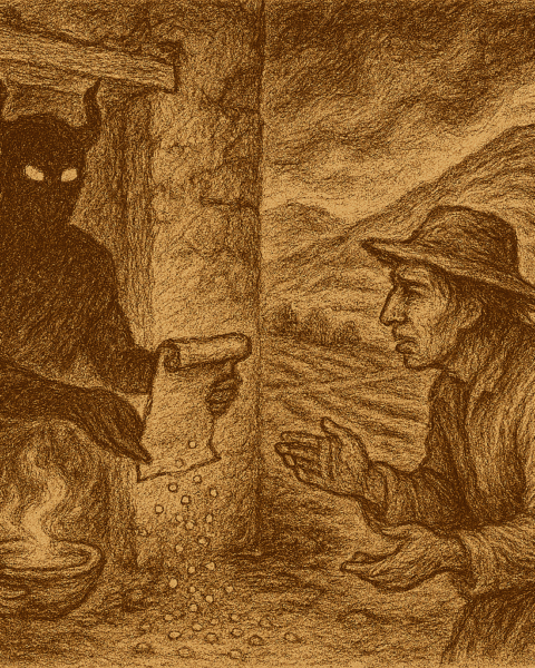 Sepia-toned illustration on aged rice parchment depicting a haunting Andean folktale. In the highlands near Ayacucho, Supay a shadowy figure with glowing eyes and subtle horns stands at the doorway of a crumbling adobe house, offering a parchment contract to a greedy farmer. The farmer reaches toward the contract with hesitation. Behind them, abandoned terraced fields stretch barren under a swirling, darkening sky, symbolizing the consequences of broken ayni and disrespect for Pachamama. “OldFolktales.com” is inscribed at the bottom right corner.