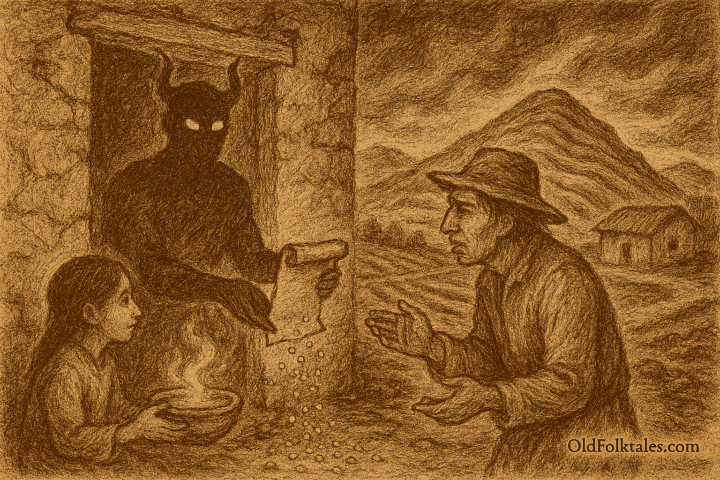 Sepia-toned illustration on aged rice parchment depicting a haunting Andean folktale. In the highlands near Ayacucho, Supay a shadowy figure with glowing eyes and subtle horns stands at the doorway of a crumbling adobe house, offering a parchment contract to a greedy farmer. The farmer reaches toward the contract with hesitation. Behind them, abandoned terraced fields stretch barren under a swirling, darkening sky, symbolizing the consequences of broken ayni and disrespect for Pachamama. “OldFolktales.com” is inscribed at the bottom right corner.