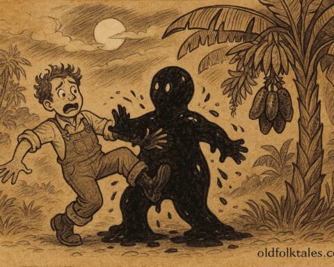Parchment-style illustration of Tacoma stuck to a tar-baby under a magic banana tree in a Jamaican folktale.