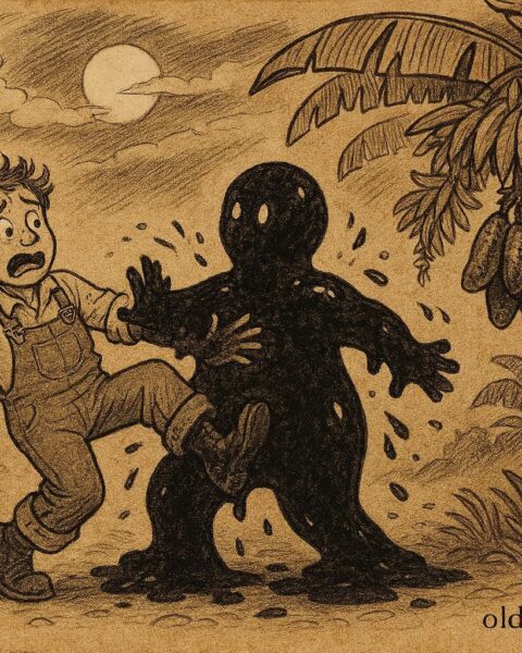 Parchment-style illustration of Tacoma stuck to a tar-baby under a magic banana tree in a Jamaican folktale.