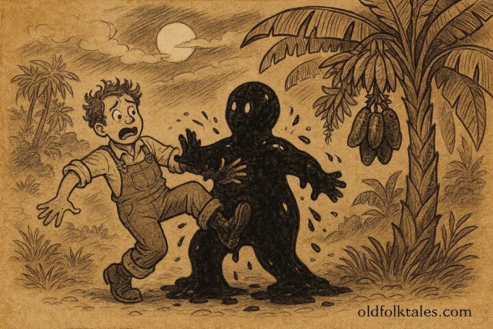 Parchment-style illustration of Tacoma stuck to a tar-baby under a magic banana tree in a Jamaican folktale.