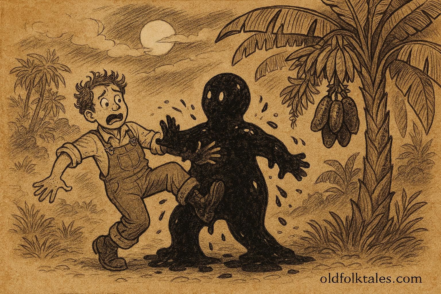 Parchment-style illustration of Tacoma stuck to a tar-baby under a magic banana tree in a Jamaican folktale.