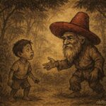Parchment style illustration of Tata Duende, the thumbless forest guardian, meeting a boy in Belizean folklore.
