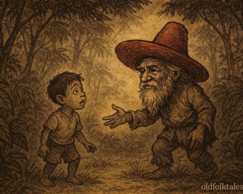 Parchment style illustration of Tata Duende, the thumbless forest guardian, meeting a boy in Belizean folklore.