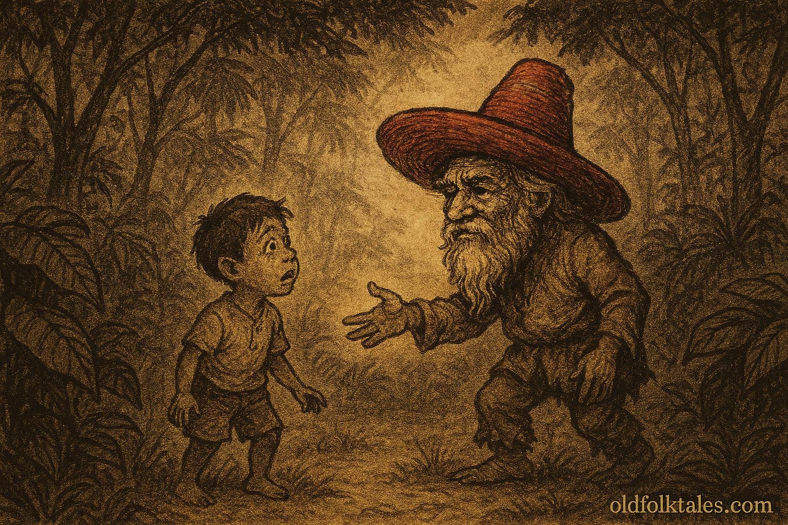 Parchment style illustration of Tata Duende, the thumbless forest guardian, meeting a boy in Belizean folklore.