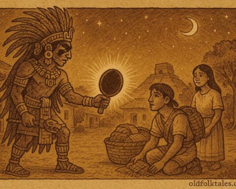 Parchment-style illustration of Tezcatlipoca showing the Mirror of Fate to villagers, Aztec folklore, Mexico.