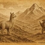 Sepia-toned illustration on aged rice parchment depicting a lone alpaca standing on a rocky slope in the high Peruvian Andes, gazing back toward a distant shepherd calling from lush green pastures below. Snow-capped peaks tower in the background, with swirling clouds overhead. The scene symbolizes a Quechua folktale about discernment and trusted guidance. "OldFolktales.com" is inscribed at the bottom right corner.