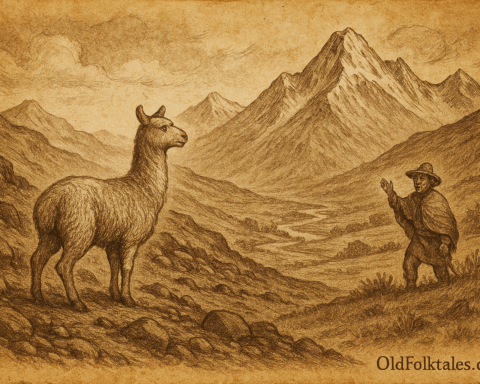 Sepia-toned illustration on aged rice parchment depicting a lone alpaca standing on a rocky slope in the high Peruvian Andes, gazing back toward a distant shepherd calling from lush green pastures below. Snow-capped peaks tower in the background, with swirling clouds overhead. The scene symbolizes a Quechua folktale about discernment and trusted guidance. "OldFolktales.com" is inscribed at the bottom right corner.