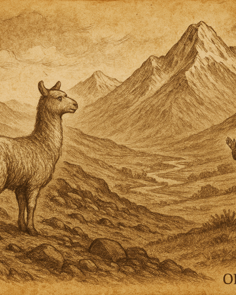 Sepia-toned illustration on aged rice parchment depicting a lone alpaca standing on a rocky slope in the high Peruvian Andes, gazing back toward a distant shepherd calling from lush green pastures below. Snow-capped peaks tower in the background, with swirling clouds overhead. The scene symbolizes a Quechua folktale about discernment and trusted guidance. "OldFolktales.com" is inscribed at the bottom right corner.