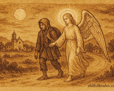 Parchment-style artwork of an angel guiding a thief, Mexican colonial folktale scene.