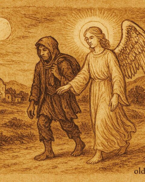 Parchment-style artwork of an angel guiding a thief, Mexican colonial folktale scene.
