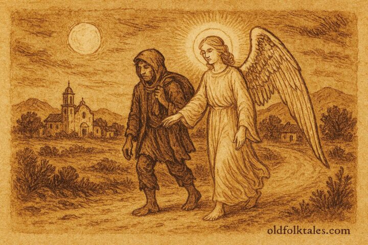 Parchment-style artwork of an angel guiding a thief, Mexican colonial folktale scene.