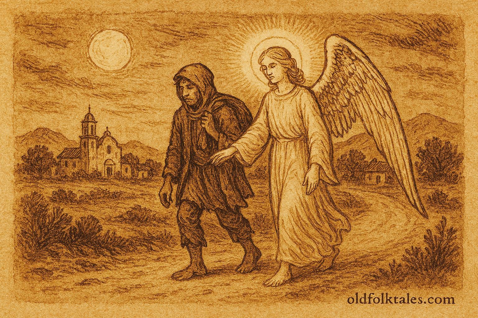 Parchment-style artwork of an angel guiding a thief, Mexican colonial folktale scene.