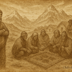 Sepia-toned illustration on aged rice parchment depicts an Aymara village at dawn in the Bolivian highlands near Lake Titicaca. Villagers gather around a woven offering cloth, passing a ceremonial bowl filled with ritual items—coca leaves, llama fat, and colored threads—meant for Pachamama. One young man stands apart with arms crossed, refusing the bowl. Snow-capped peaks and soft mountain light frame the scene, symbolizing the Aymara teaching of ayni: balance through shared ritual and sacred reciprocity. “OldFolktales.com” is inscribed at the bottom right.