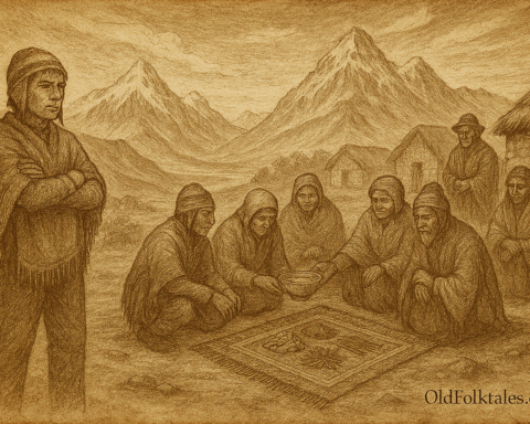 Sepia-toned illustration on aged rice parchment depicts an Aymara village at dawn in the Bolivian highlands near Lake Titicaca. Villagers gather around a woven offering cloth, passing a ceremonial bowl filled with ritual items—coca leaves, llama fat, and colored threads—meant for Pachamama. One young man stands apart with arms crossed, refusing the bowl. Snow-capped peaks and soft mountain light frame the scene, symbolizing the Aymara teaching of ayni: balance through shared ritual and sacred reciprocity. “OldFolktales.com” is inscribed at the bottom right.