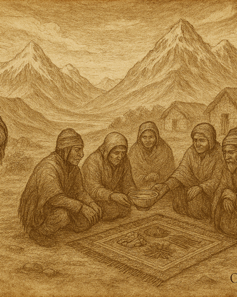 Sepia-toned illustration on aged rice parchment depicts an Aymara village at dawn in the Bolivian highlands near Lake Titicaca. Villagers gather around a woven offering cloth, passing a ceremonial bowl filled with ritual items—coca leaves, llama fat, and colored threads—meant for Pachamama. One young man stands apart with arms crossed, refusing the bowl. Snow-capped peaks and soft mountain light frame the scene, symbolizing the Aymara teaching of ayni: balance through shared ritual and sacred reciprocity. “OldFolktales.com” is inscribed at the bottom right.