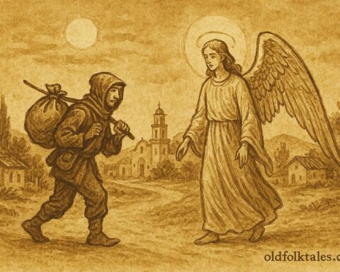 Parchment-style illustration of a widow’s candle guiding villagers, Mexican colonial folktale.