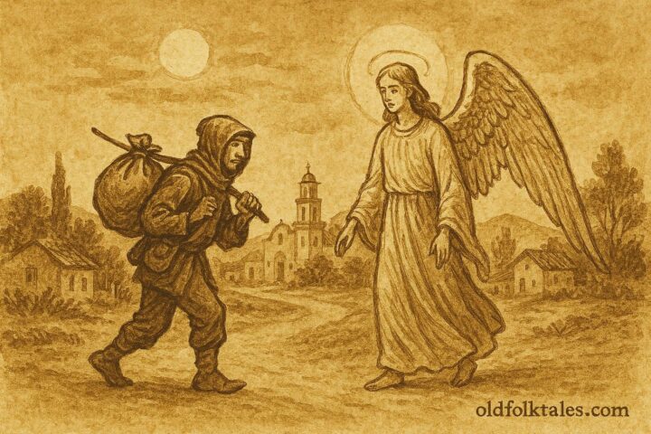 Parchment-style illustration of a widow’s candle guiding villagers, Mexican colonial folktale.