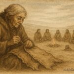 A woman sewing with a bone needle, Dene folktale from Canada.